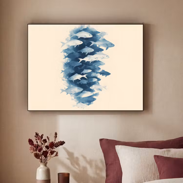 Vissen - Minimalistisch - Blauw Textielframe zwart klein -sfeer1