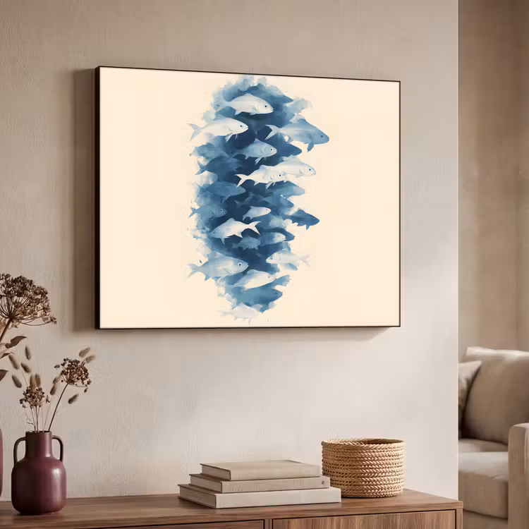 Vissen - Minimalistisch - Blauw Textielframe zwart klein -sfeer3