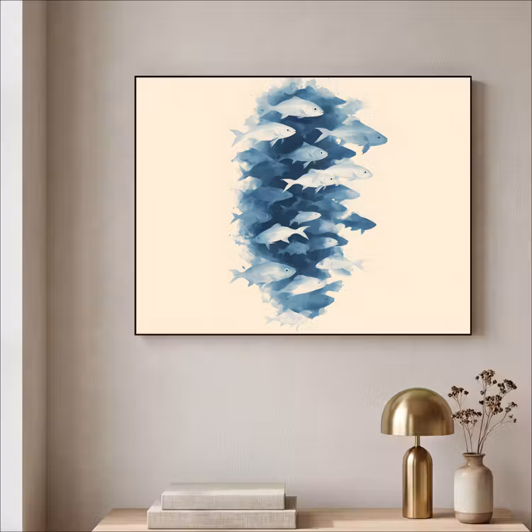 Vissen - Minimalistisch - Blauw Textielframe zwart klein -sfeer2