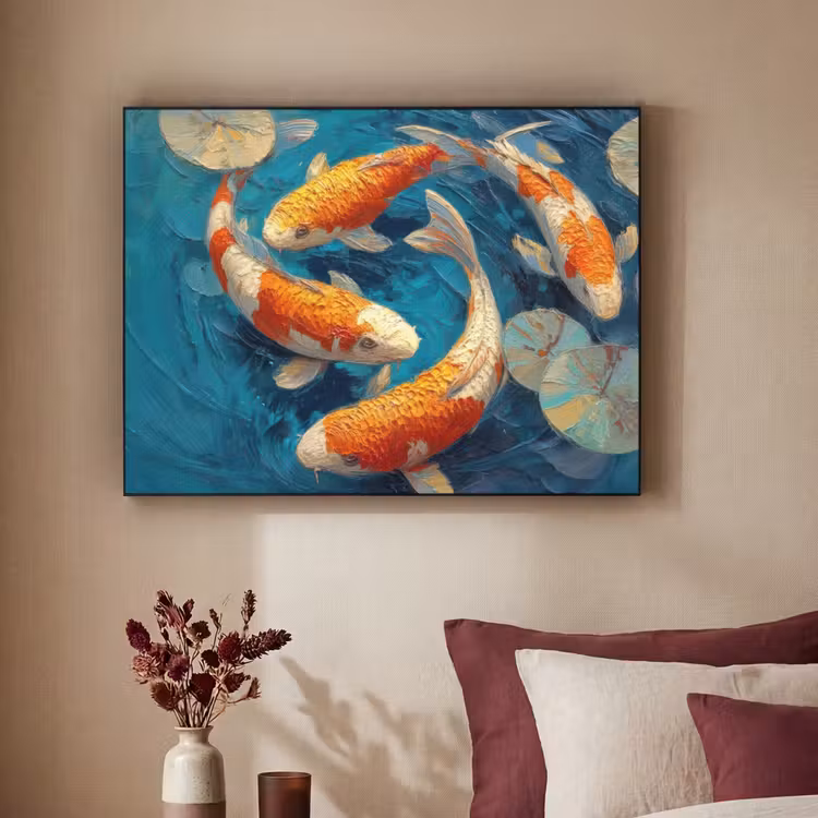 Vissen - Waterlelies - Oranje - Water Textielframe zwart klein -sfeer1