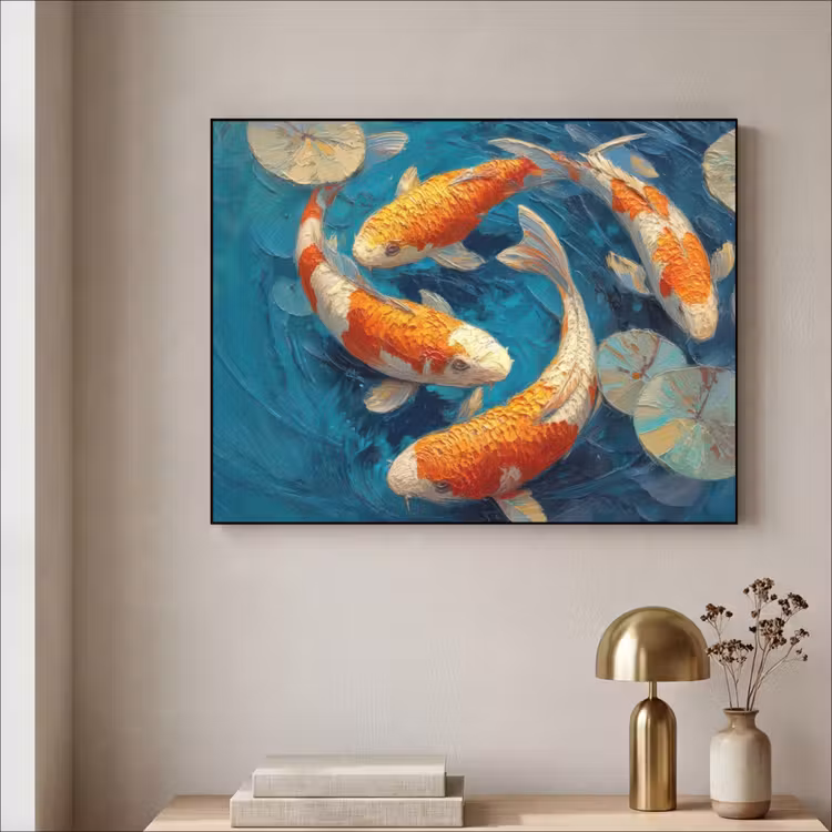 Vissen - Waterlelies - Oranje - Water Textielframe zwart klein -sfeer2