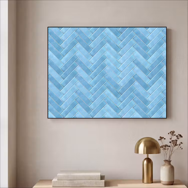 Visgraat - Wandtegel - Lichtblauw Textielframe zwart klein 947 -sfeer2