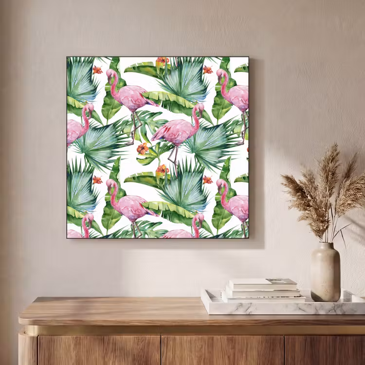 Flamingo - Bladeren - Tropisch Textielframe zwart klein -sfeer2