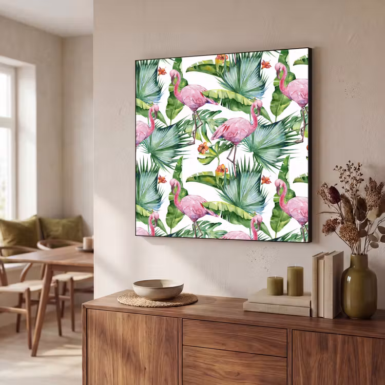 Flamingo - Bladeren - Tropisch Textielframe zwart klein -sfeer3
