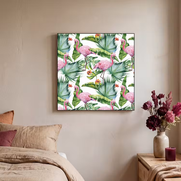 Flamingo - Bladeren - Tropisch Textielframe zwart klein -sfeer1