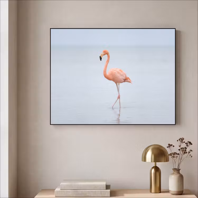 Flamingo - Zee - Roze Textielframe zwart klein -sfeer2