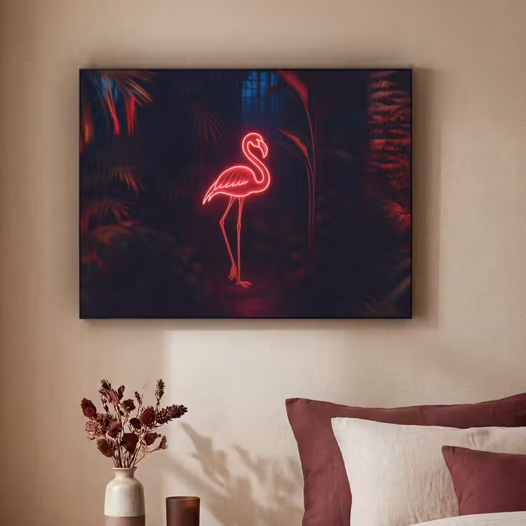 Flamingo - Roze - Neon - Licht Textielframe zwart klein -sfeer1
