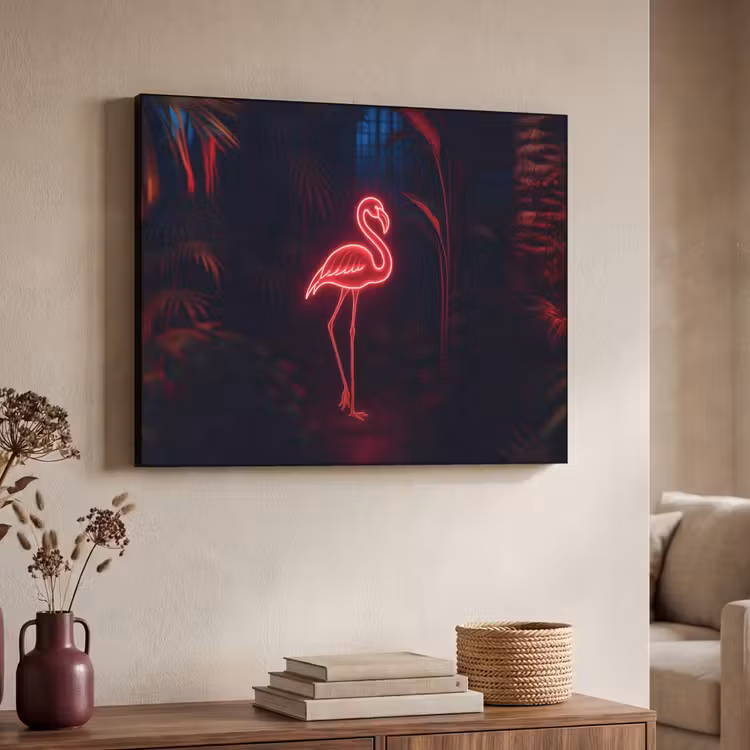 Flamingo - Roze - Neon - Licht Textielframe zwart klein -sfeer3
