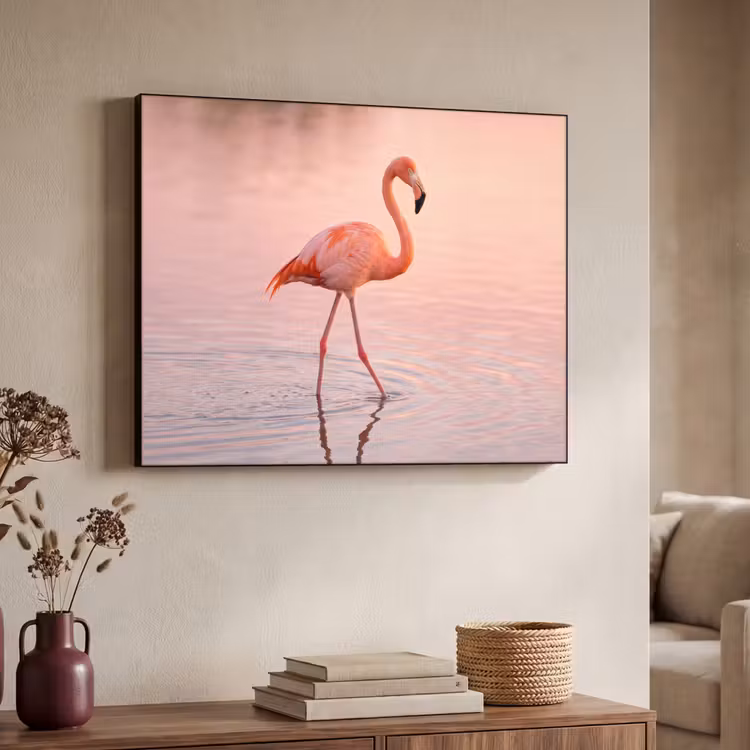Flamingo - Water - Roze Textielframe zwart klein -sfeer3