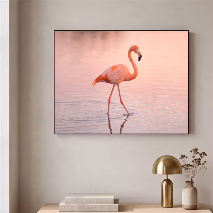 Flamingo - Water - Roze Textielframe zwart klein -sfeer2