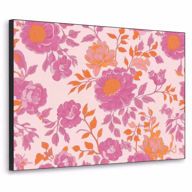 Bloemenpatroon - Roze - Oranje - Bloemen Textielframe zwart klein -3d