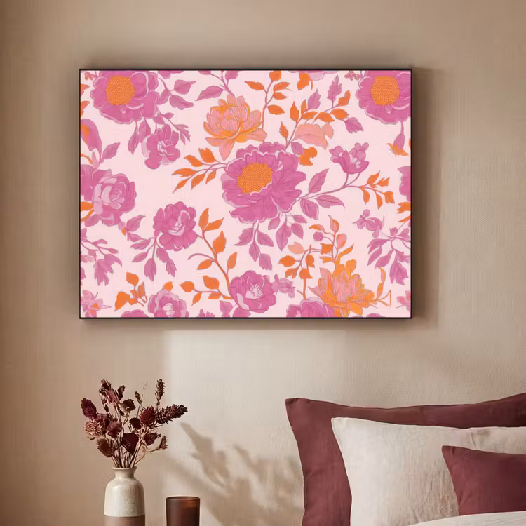Bloemenpatroon - Roze - Oranje - Bloemen Textielframe zwart klein -sfeer1