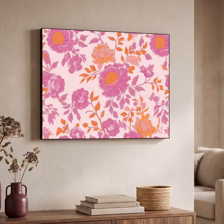Bloemenpatroon - Roze - Oranje - Bloemen Textielframe - compleet frame klein -sfeer3