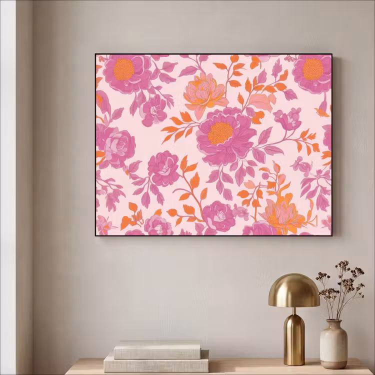 Bloemenpatroon - Roze - Oranje - Bloemen Textielframe - compleet frame klein -sfeer2
