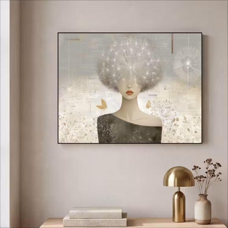 Pluis - Vrouw - Beige Textielframe zwart klein -sfeer2