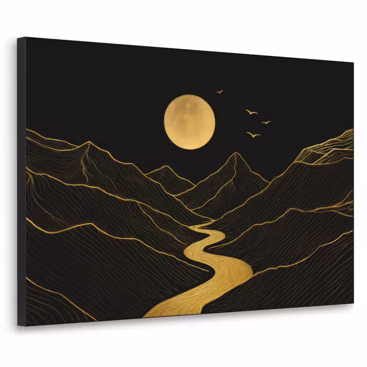 Rivier - Goud - Maan - Vogels Textielframe zwart klein -3d