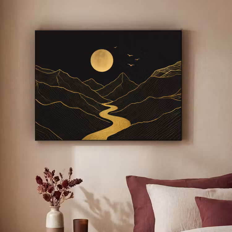 Rivier - Goud - Maan - Vogels Textielframe zwart klein -sfeer1