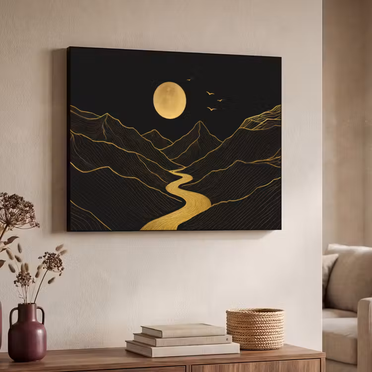 Rivier - Goud - Maan - Vogels Textielframe zwart klein -sfeer3
