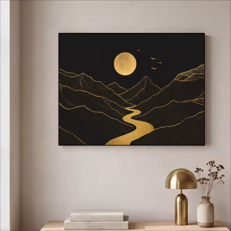 Rivier - Goud - Maan - Vogels Textielframe - compleet frame klein -sfeer2