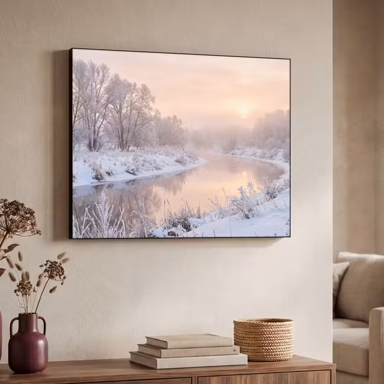 Rivier - Winter - Landschap - Sneeuw - Zonsopgang Textielframe zwart klein -sfeer3