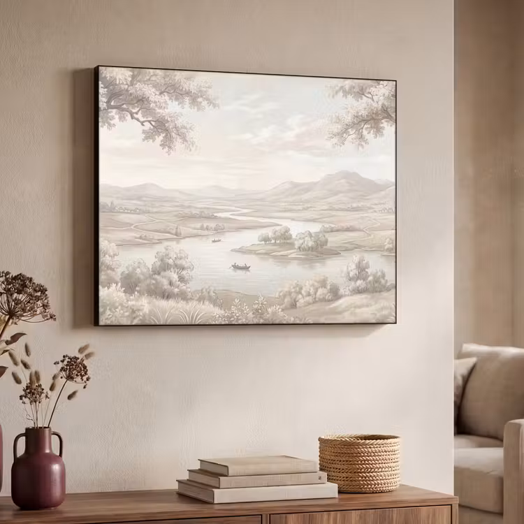 Rivierlandschap - Bergen - Natuur - Vintage - Beige Textielframe zwart klein -sfeer3