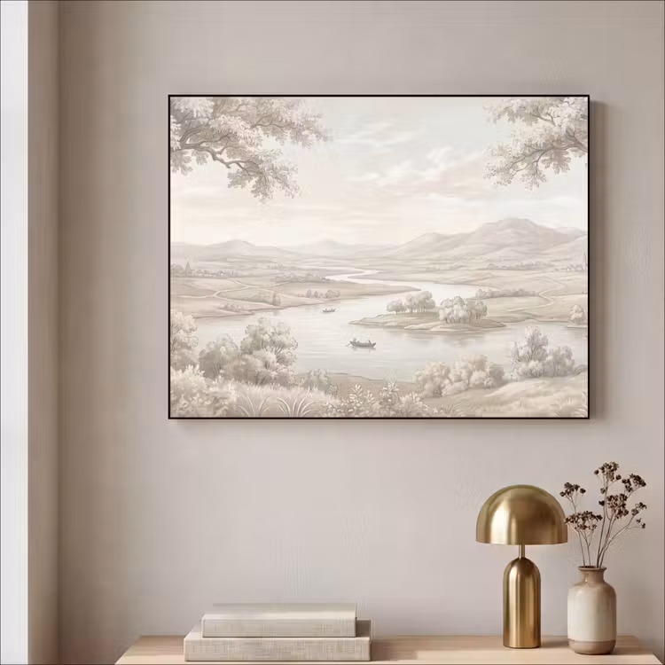 Rivierlandschap - Bergen - Natuur - Vintage - Beige Textielframe zwart klein -sfeer2