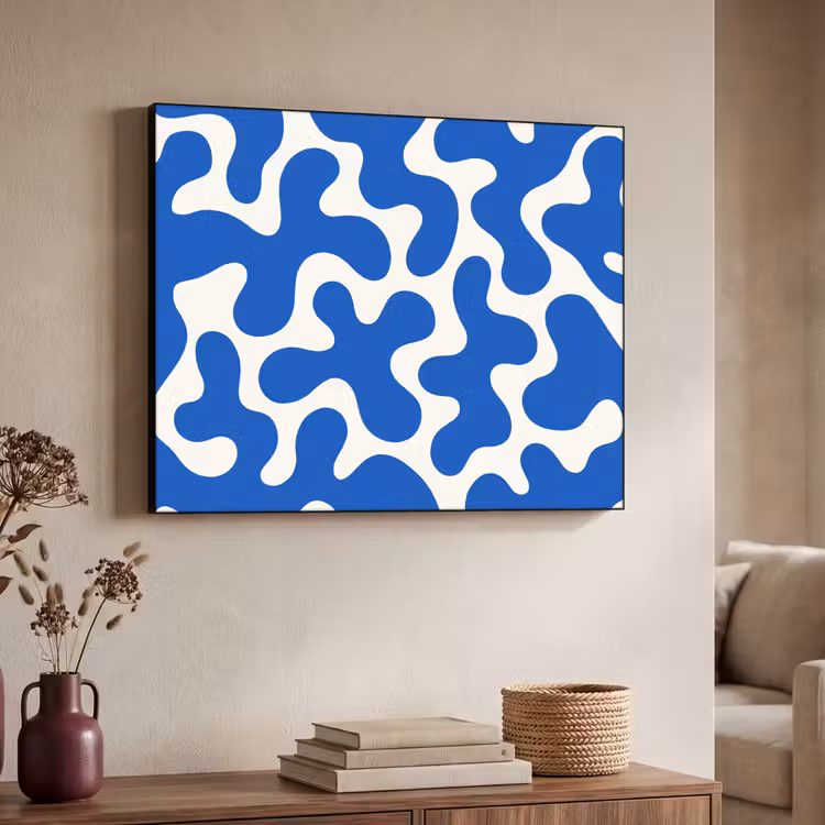 Vormen - Abstract - Blauw - Golven Textielframe zwart klein -sfeer3