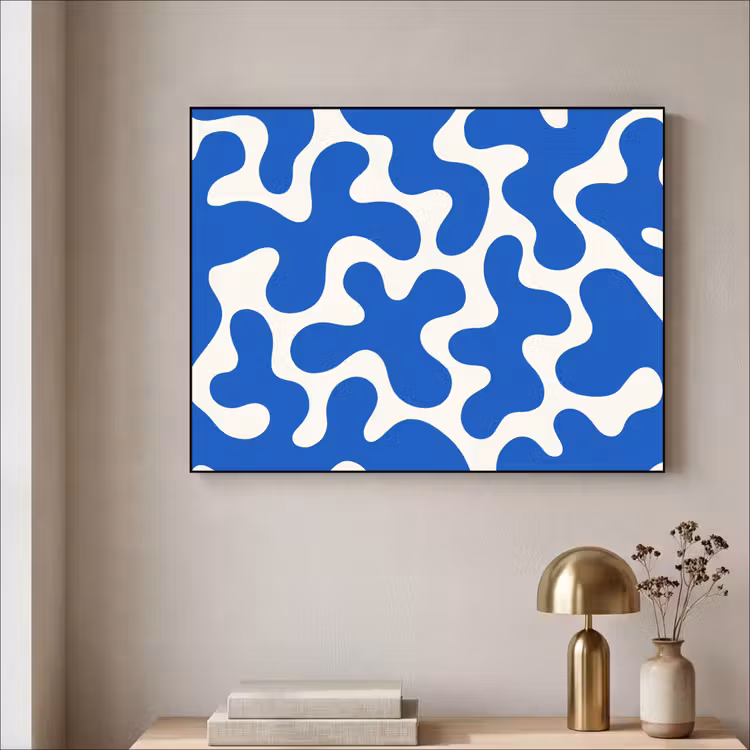 Vormen - Abstract - Blauw - Golven Textielframe zwart klein -sfeer2