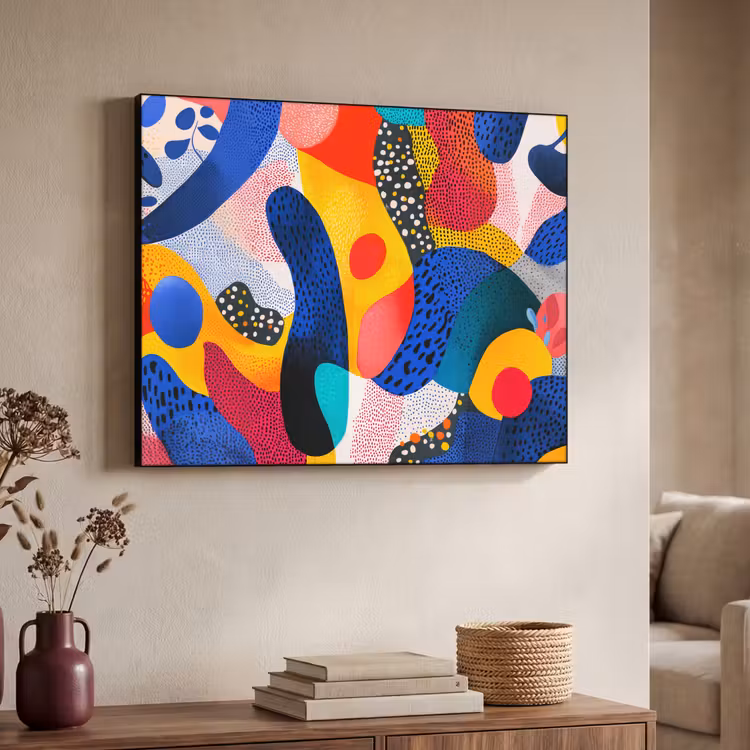 Vormen - Abstract - Stippels - Blauw Textielframe zwart klein -sfeer3