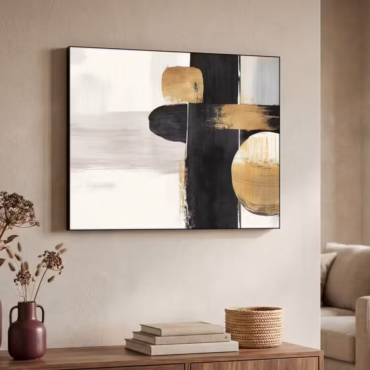 Vormen - Penseelstreken - Abstract - Goud Textielframe - compleet frame klein -sfeer3