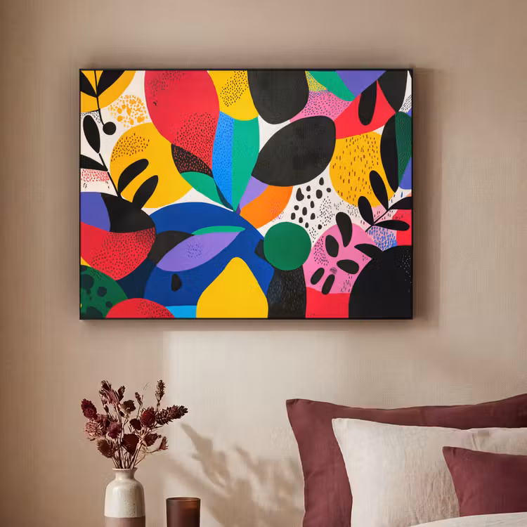 Vormen - Stippen - Kleurrijk Textielframe zwart klein -sfeer1