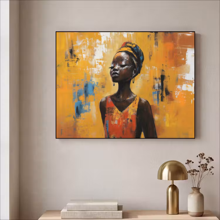 Vrouw - Ogen - Penseelstreken - Geel Textielframe - compleet frame klein -sfeer2