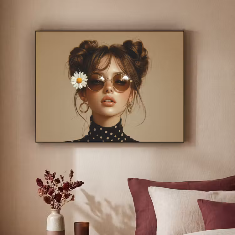 Vrouw - Beige - Bloem - Modern - Portret Textielframe zwart klein -sfeer1