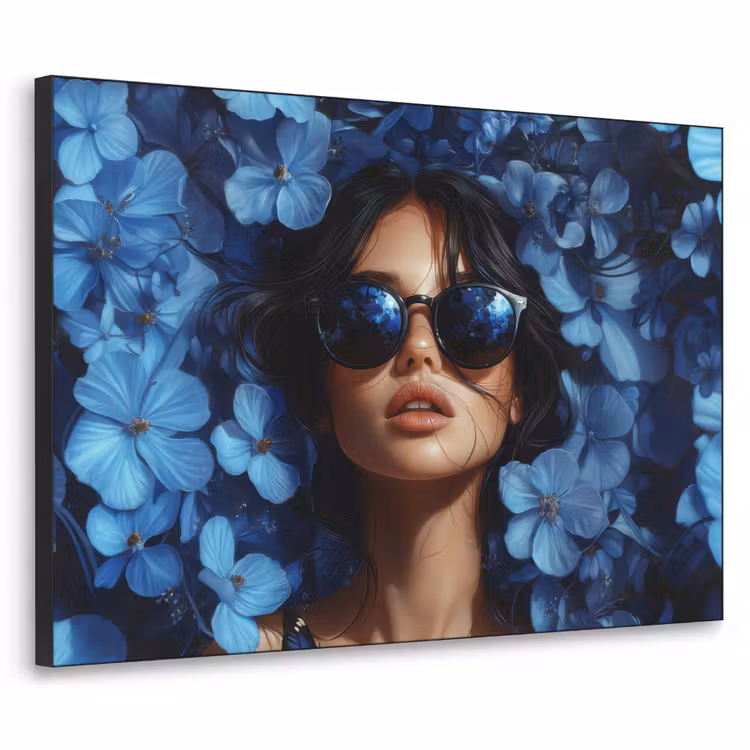 Vrouw - Blauw - Bloemen - Vlinders - Natuur Textielframe zwart klein -3d