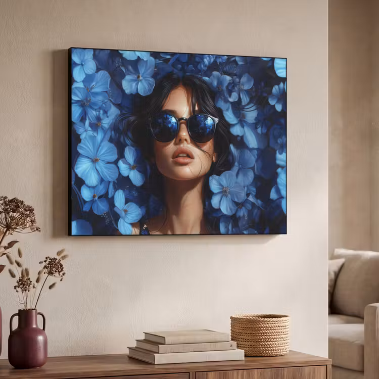 Vrouw - Blauw - Bloemen - Vlinders - Natuur Textielframe zwart klein -sfeer3