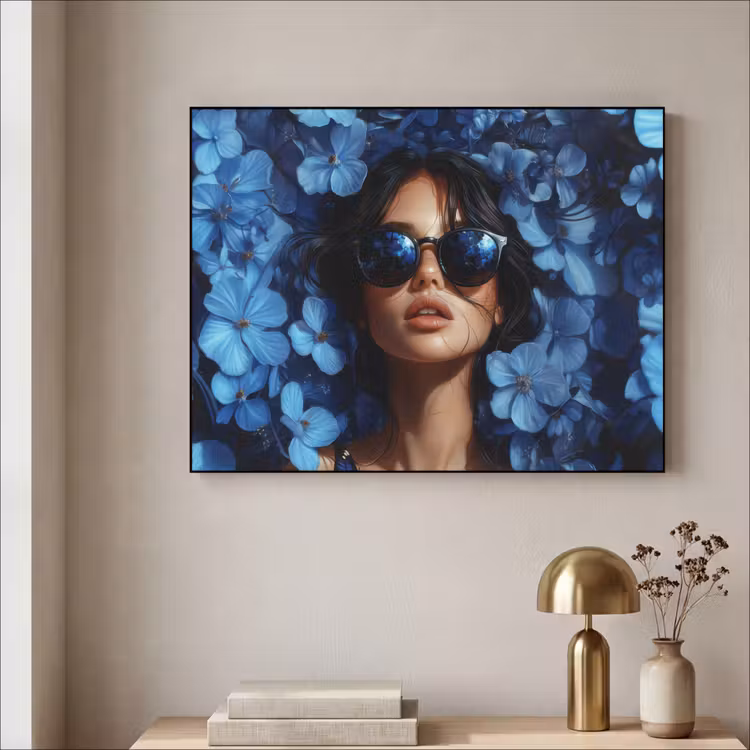 Vrouw - Blauw - Bloemen - Vlinders - Natuur Textielframe zwart klein -sfeer2