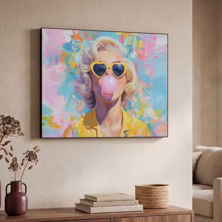 Vrouw - Blond - Roze kauwgom - Kleurrijk - Pastel Textielframe zwart klein -sfeer3