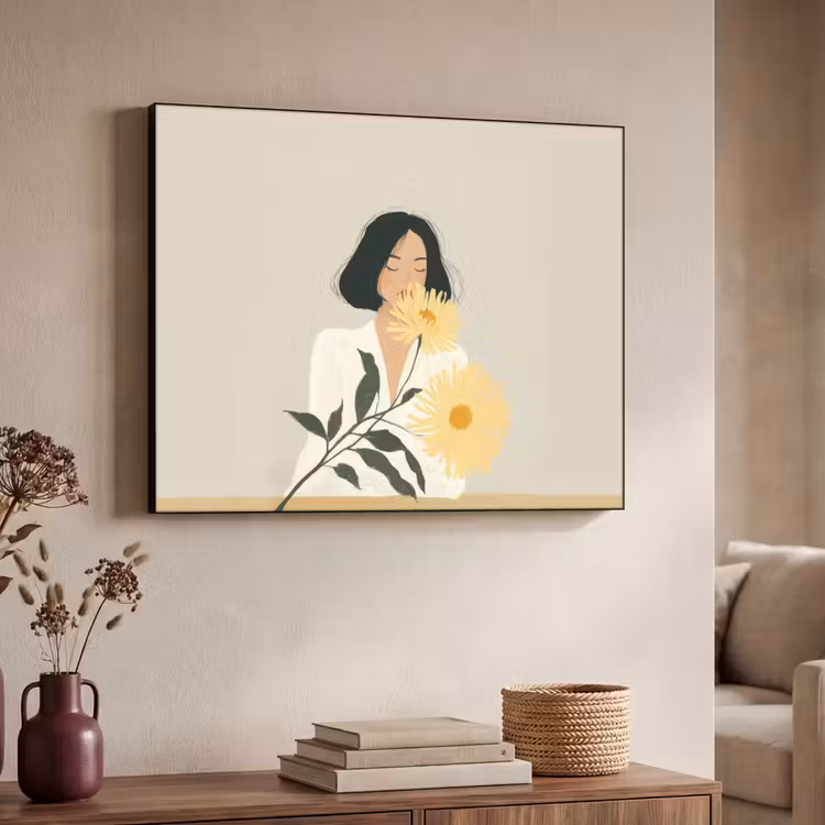 Vrouw - Bloem - Geel - Minimalistisch Textielframe zwart klein -sfeer3
