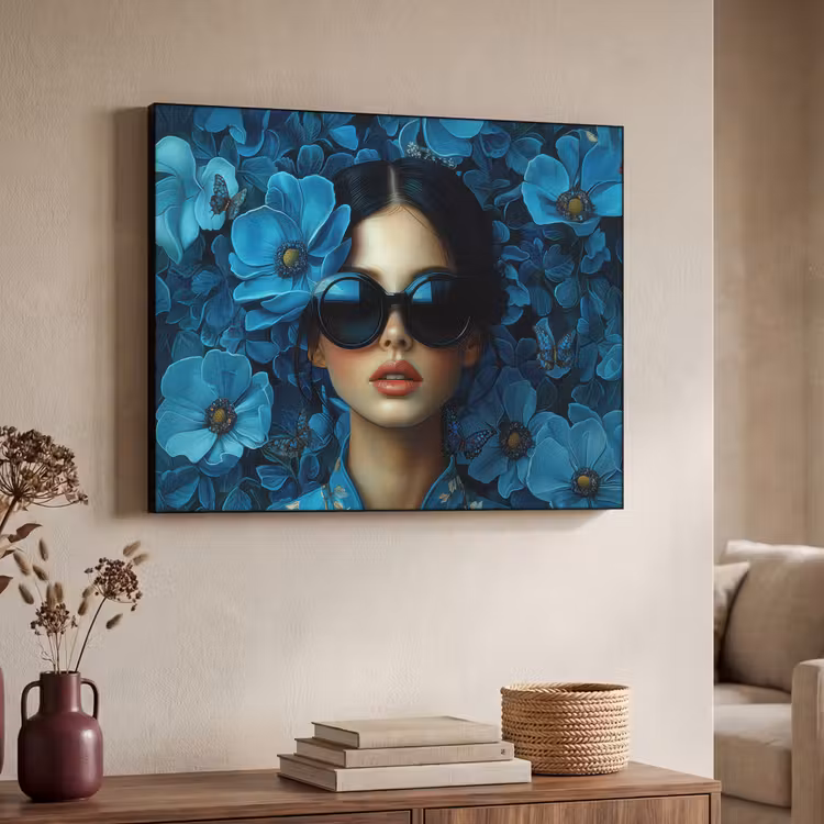 Vrouw - Bloemen - Blauw - Aesthetic - Luxe Textielframe zwart klein -sfeer3