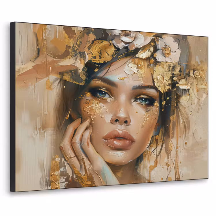 Vrouw - Bloemen - Goud - Portret Textielframe zwart klein -3d