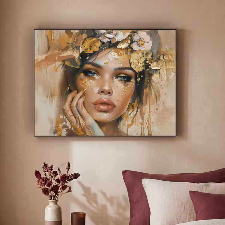 Vrouw - Bloemen - Goud - Portret Textielframe - compleet frame klein -sfeer1