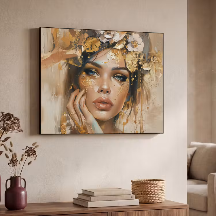Vrouw - Bloemen - Goud - Portret Textielframe - compleet frame klein -sfeer3