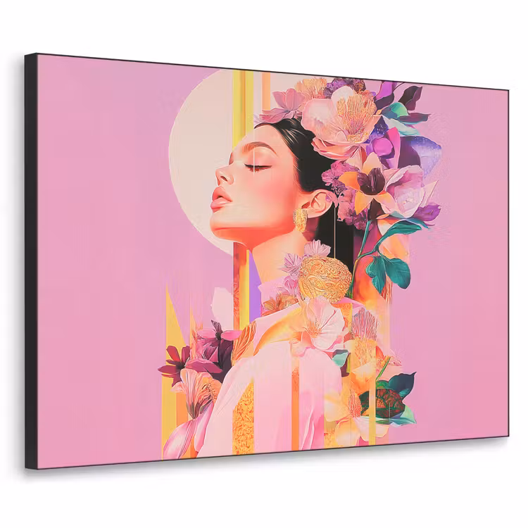 Vrouw - Bloemen - Paars - Abstract Textielframe zwart klein -3d
