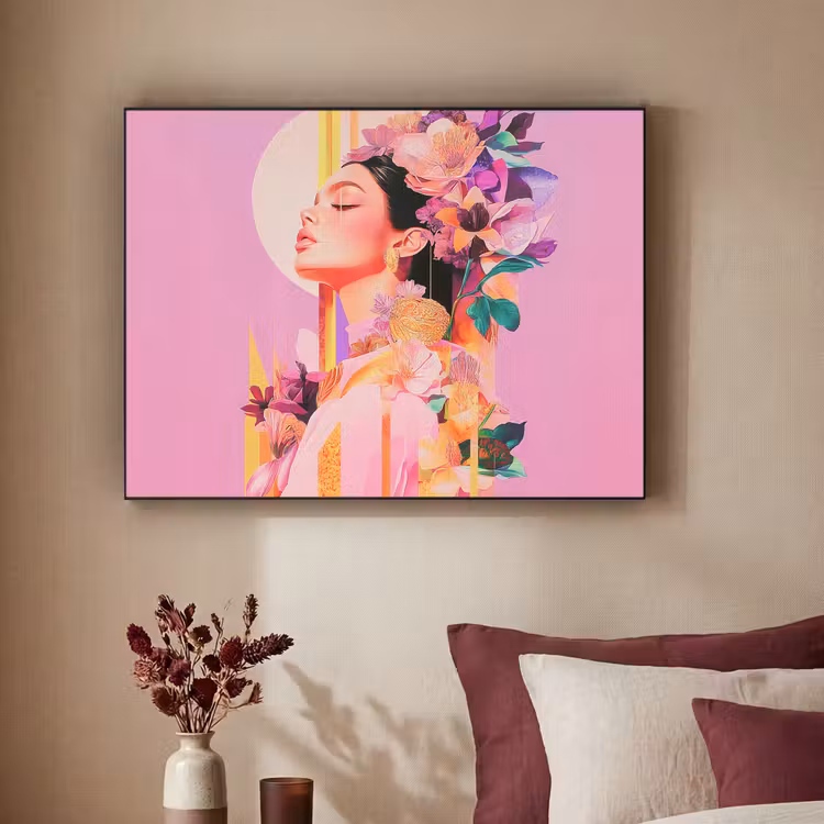 Vrouw - Bloemen - Paars - Abstract Textielframe zwart klein -sfeer1