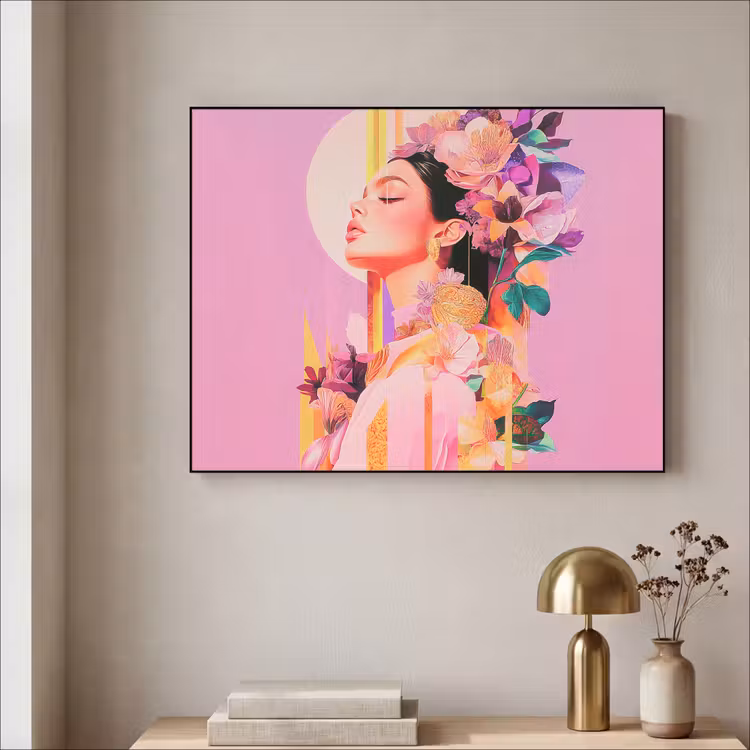 Vrouw - Bloemen - Paars - Abstract Textielframe zwart klein -sfeer2