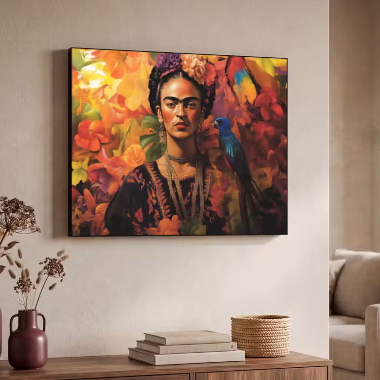 Vrouw - Bloemen - Papegaai - Schilderachtig Textielframe - compleet frame klein -sfeer3