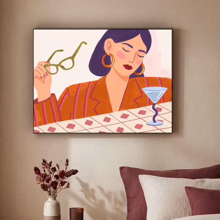 Vrouw - Bril - Cocktail - Illustratie - Modern Textielframe zwart klein -sfeer1