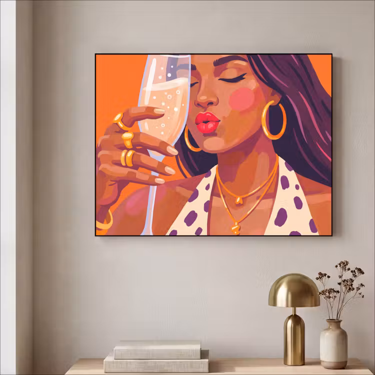 Vrouw - Champagne - Feest - Modern - Oranje Textielframe zwart klein -sfeer2