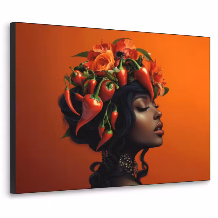 Vrouw - Chilipepers - Pepers - Bloemen Textielframe zwart klein -3d