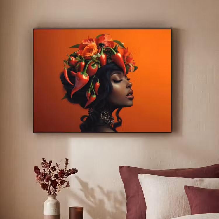 Vrouw - Chilipepers - Pepers - Bloemen Textielframe - compleet frame klein -sfeer1
